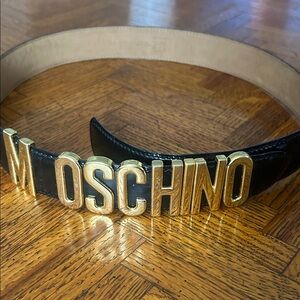 Moschino Black Leather Belt with Gold Letters